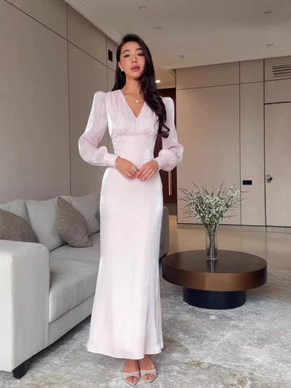 white long-sleeved maxi dress