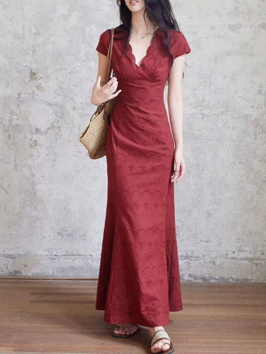Retro-style openwork embroidered maxi dress - red