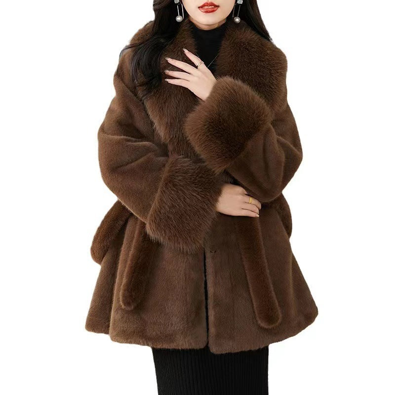 Big Fur Collar Long Mink Faux Fox Coat