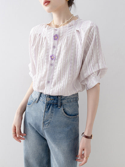 Loose-fitting round neck short-sleeved openwork shirt