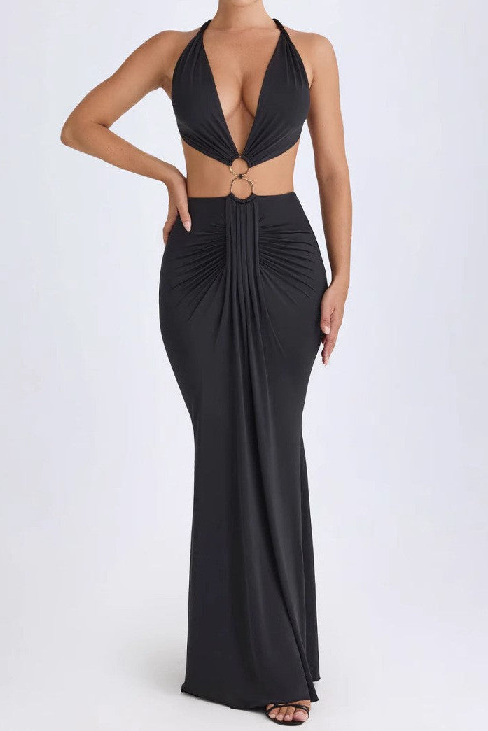 Hollow-out backless deep V-neck dress