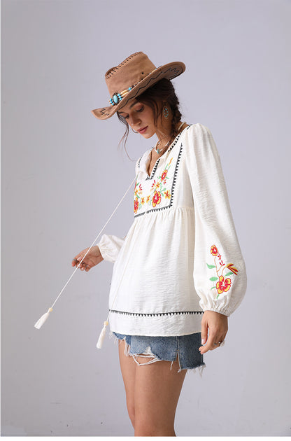 embroidered V-neck French long-sleeve shirt