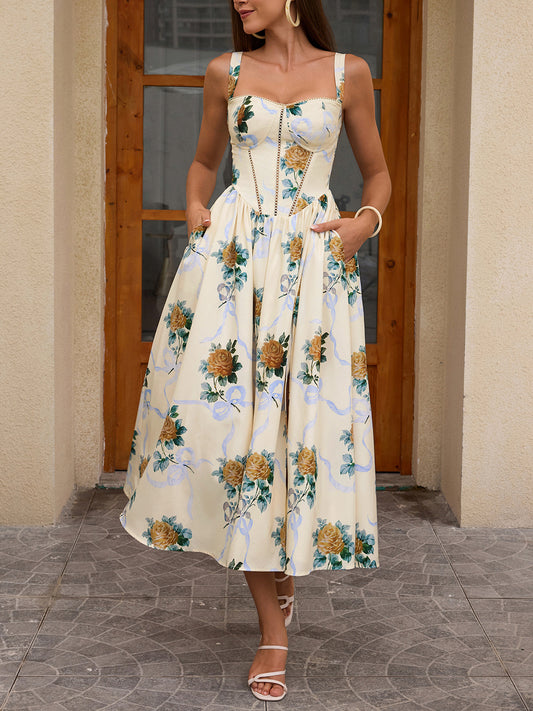 yellow print high slit open back midi dress