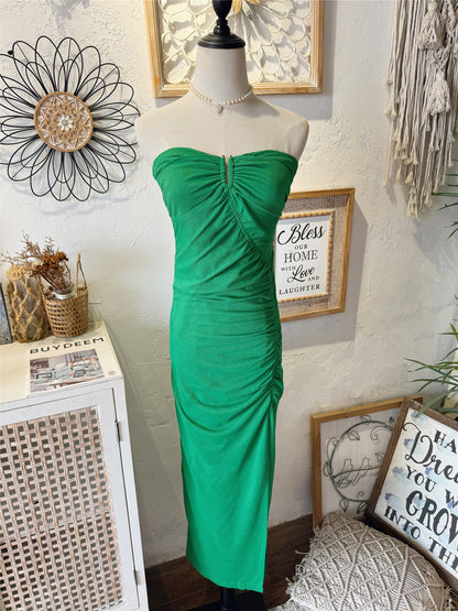 light-green stretch slit strapless long dress