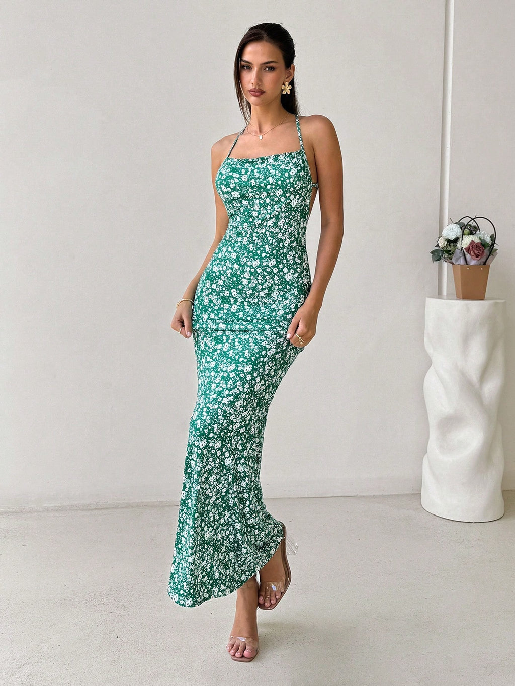 maria green Backless fishtail floral print maxi dress