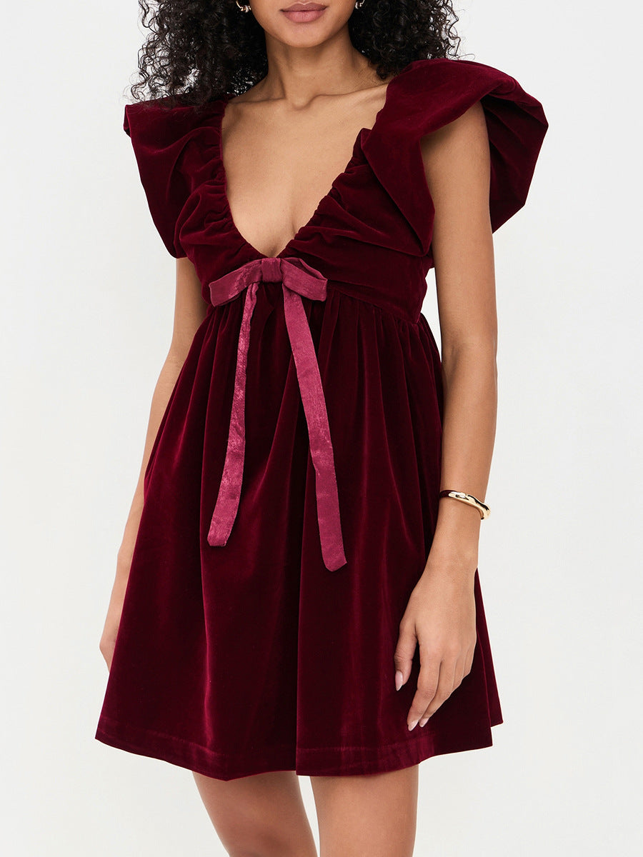 red V-neck bow gold velvet dress