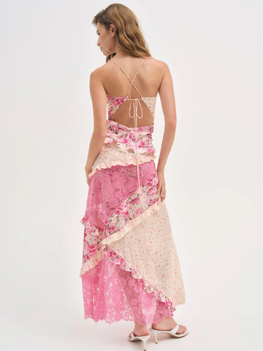 Hollow-out deep V-neck ruffled floral backless maxi dress