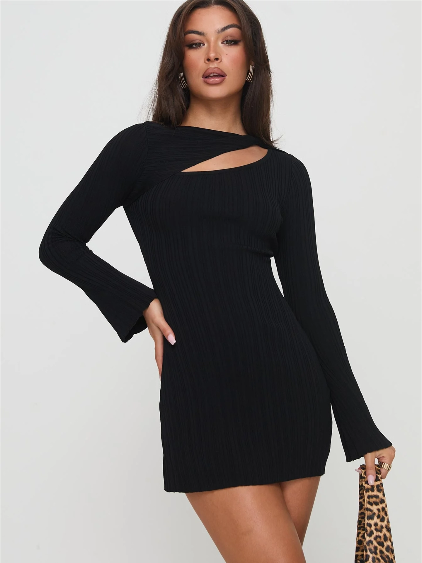 black cut-out flared sleeve knitted long sleeve dress