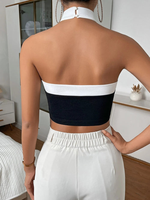Black and white color-blocked halter top