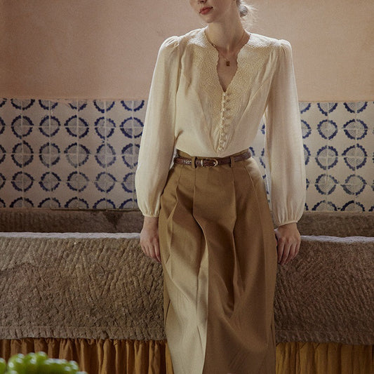 white Embroidery V-Neck French Retro Chic Shirt