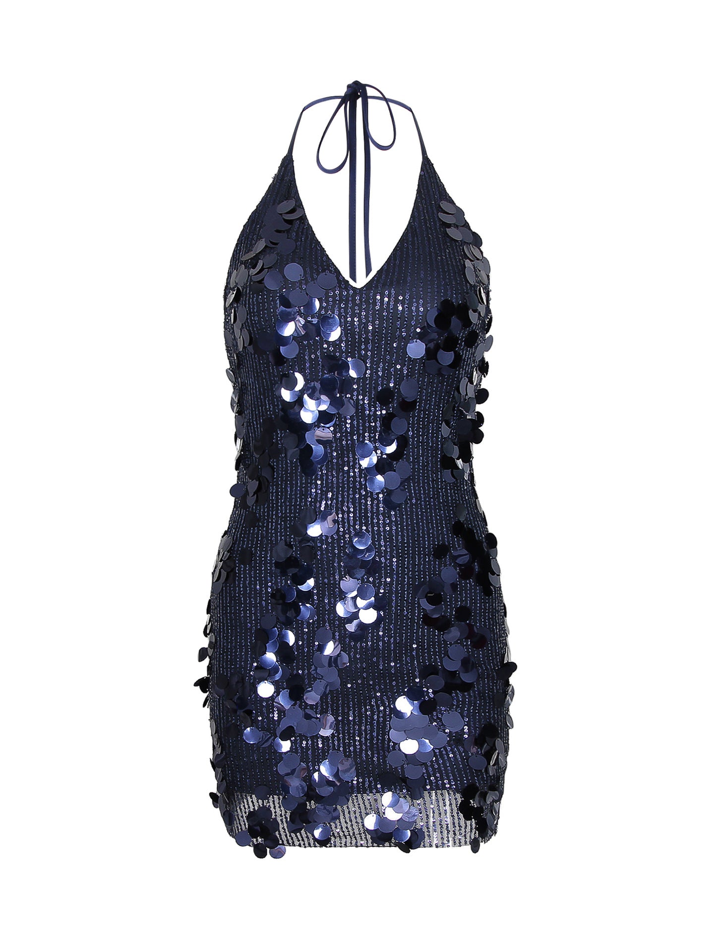 blue deep V halterneck sequin mini dress