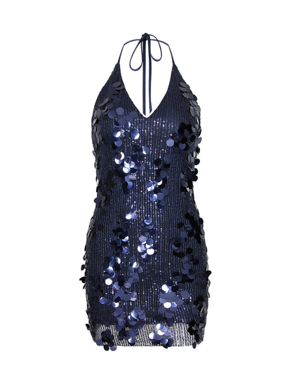 blue deep V halterneck sequin mini dress