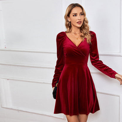 red V-neck fitted waist velvet A-line dress