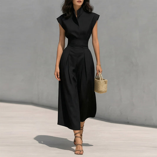 black sleeveless waist maxi dress