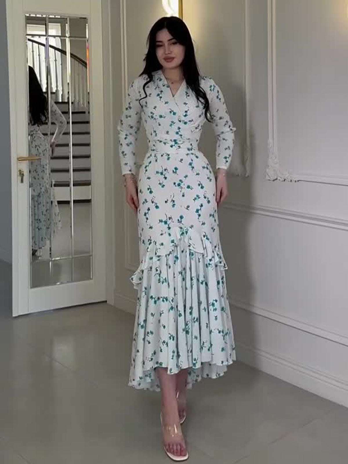blue long sleeve Floral Ruffle maxi Dress