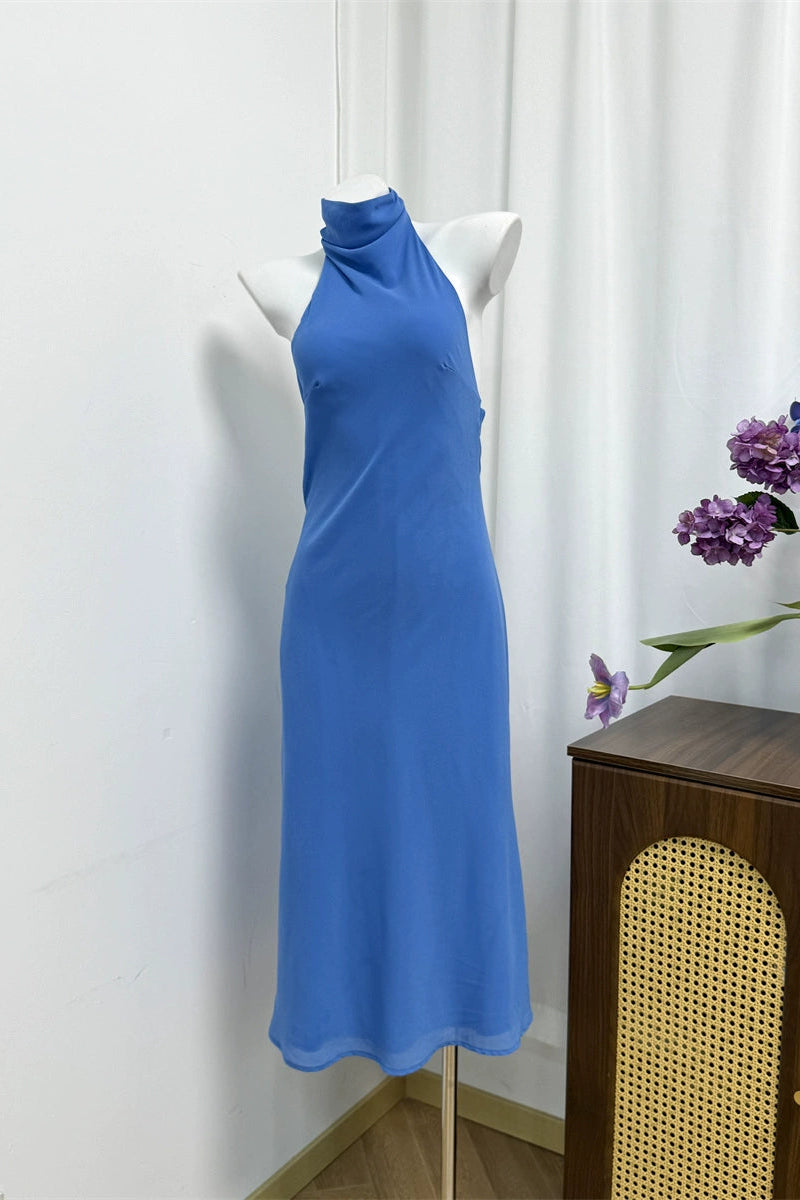 blue shoulder open back dress