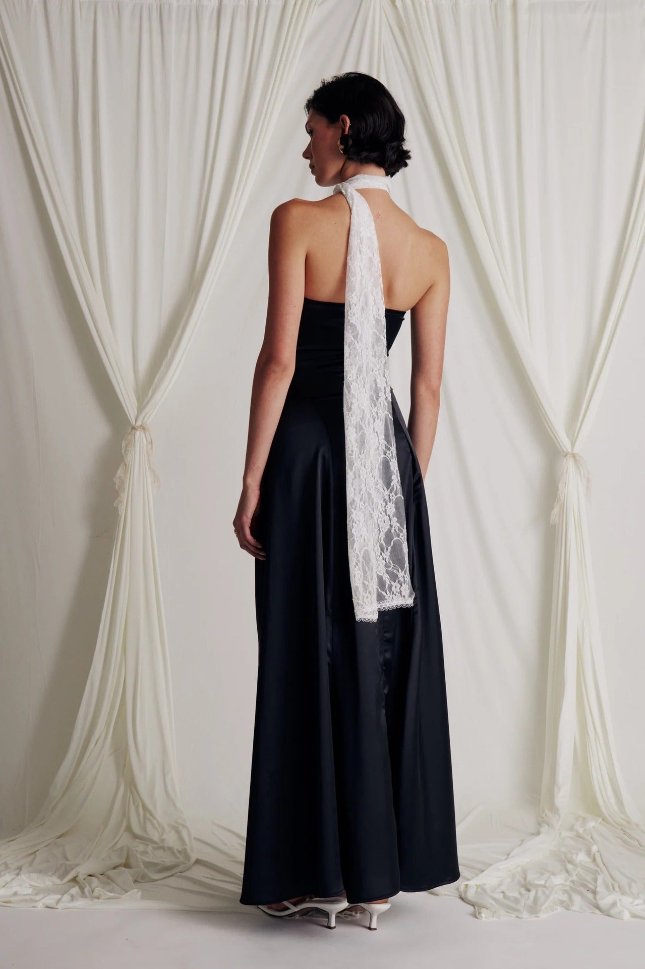 black halterneck lace patchwork satin dress