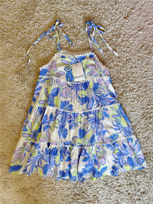 floral crochet wavy pocket bow lace-up dress