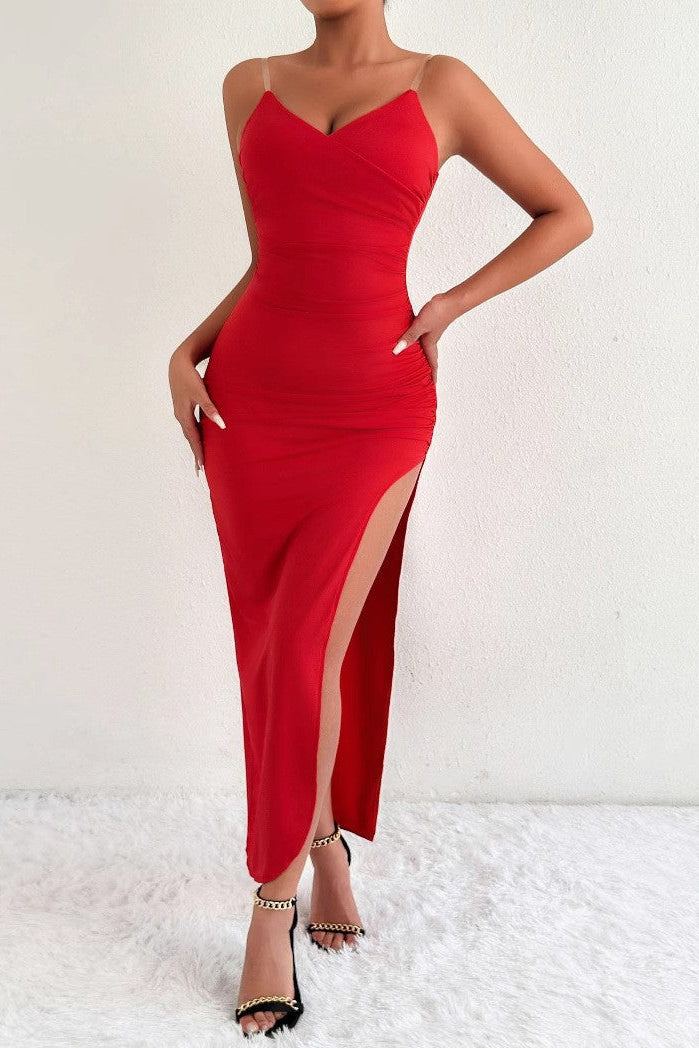red V-neck backless slit halter dress