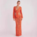 orange Hollow-out long-sleeved knitted two-piece skirt set