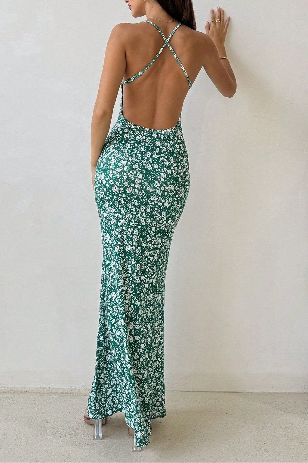maria green Backless fishtail floral print maxi dress