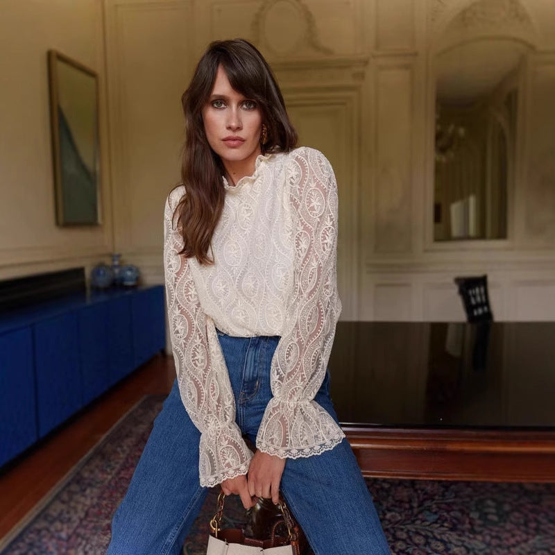hollow lace long-sleeved top shirt