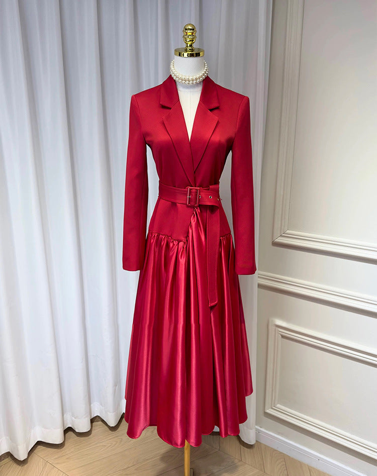 Suit collar belted long skirt