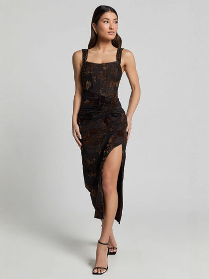 black lace slip midi dress