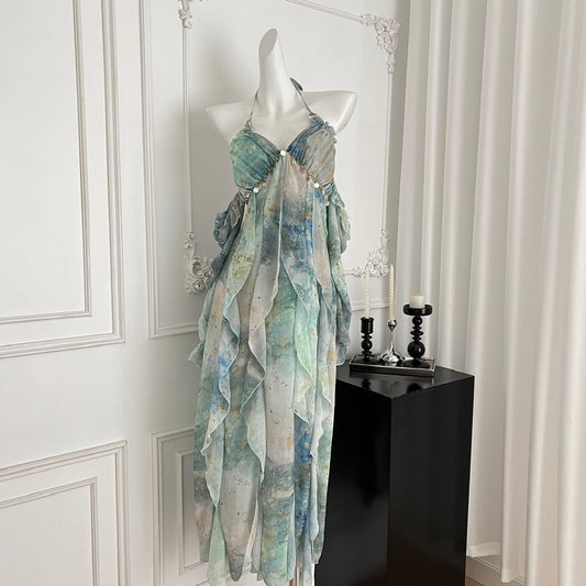 floral print ruffle trim midi dress in green - Holiday