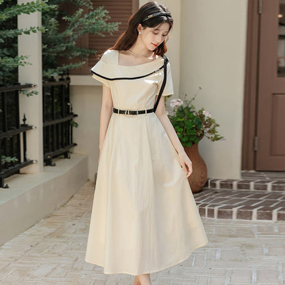 Short-sleeved asymmetrical shoulder midi dress - apricot