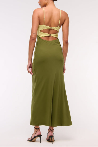 green open back suspender color-blocking dress
