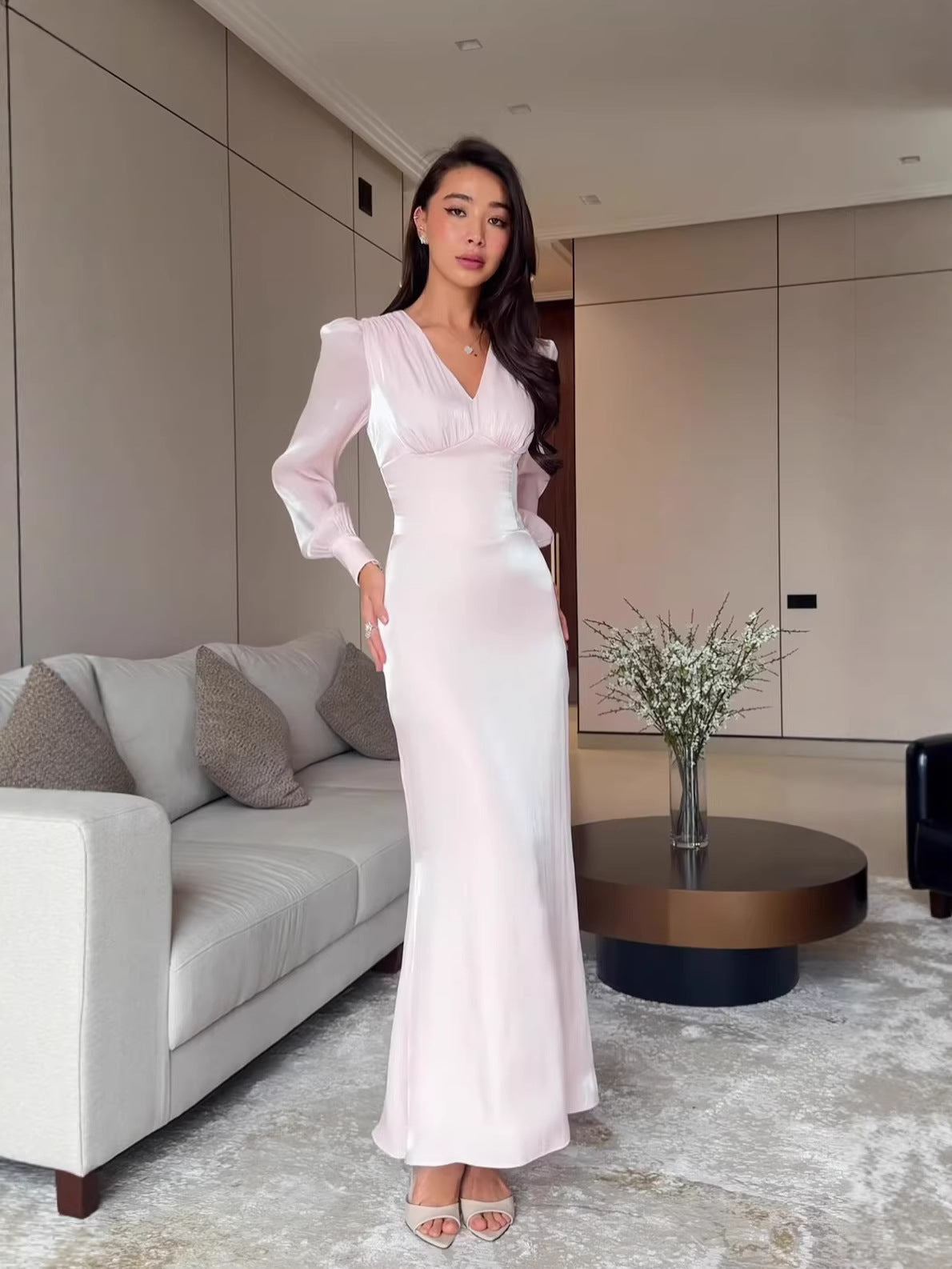 white long-sleeved maxi dress