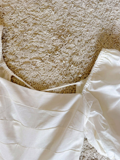 vintage cinched waist lace-up backless lantern sleeve linen dress