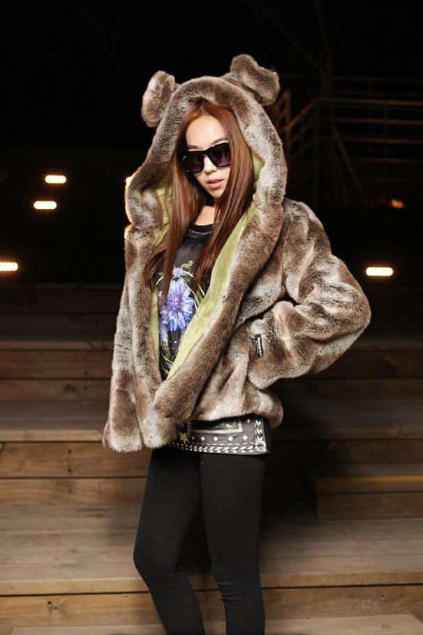 Faux Fur Jacket Bear Ears Cartoon Jacket