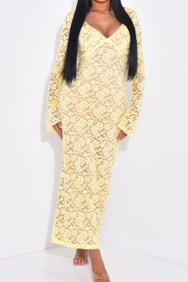 yellow Lace Cutout Long Sleeve maxi Dress
