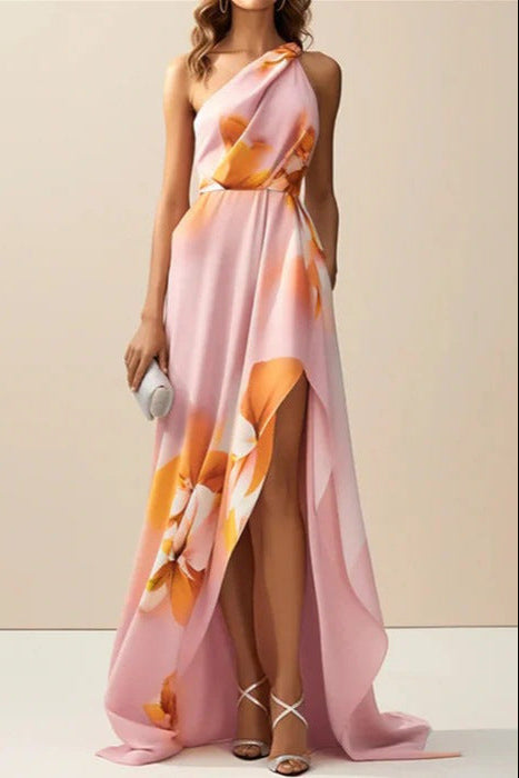 pink print hip hugging step maxi dress