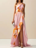 pink print hip hugging step maxi dress
