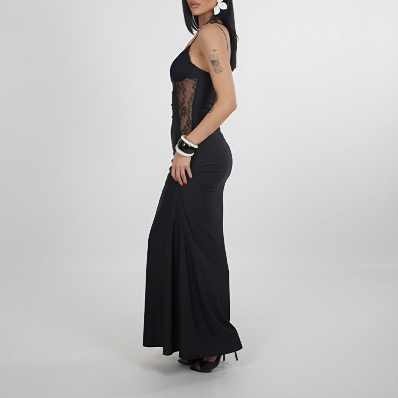 black Lace Suspender Waist Slim Dress