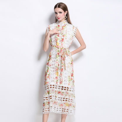 print A-line lace trim midi dress - white