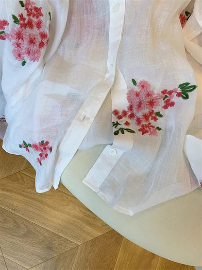 French-style floral print polo collar linen shirt