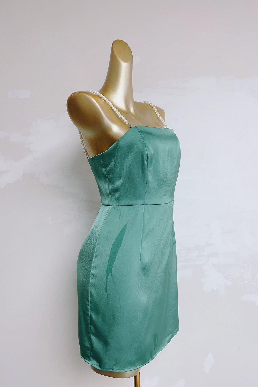 Green  Square Neck Pearl Suspenders mini Dress