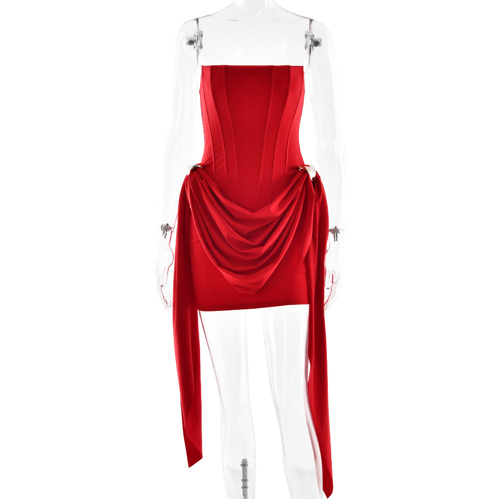 red open back bandeau streamer mini dress