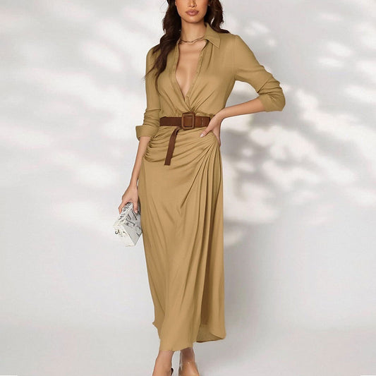 khaki waist slim V-neck dress
