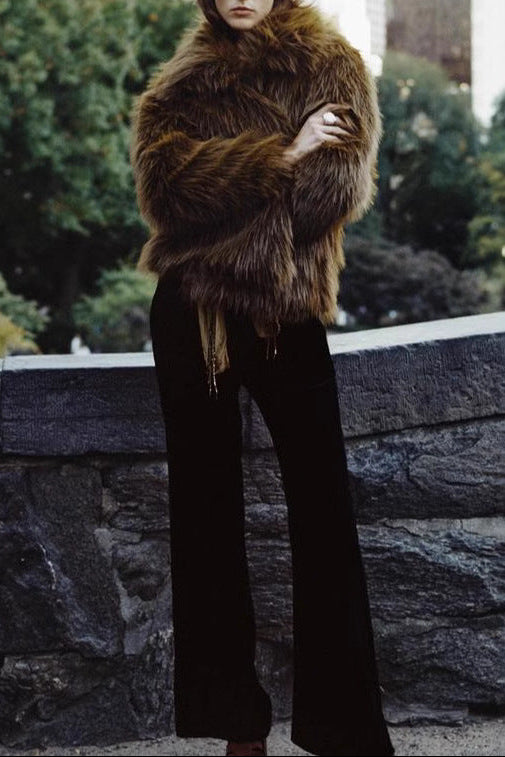 Artificial Wool Fur Cropped Jacket in brown