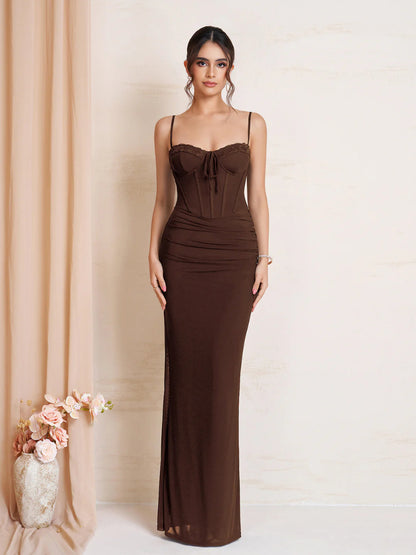 brown suspender mesh lace patchwork lace-up pleated dress