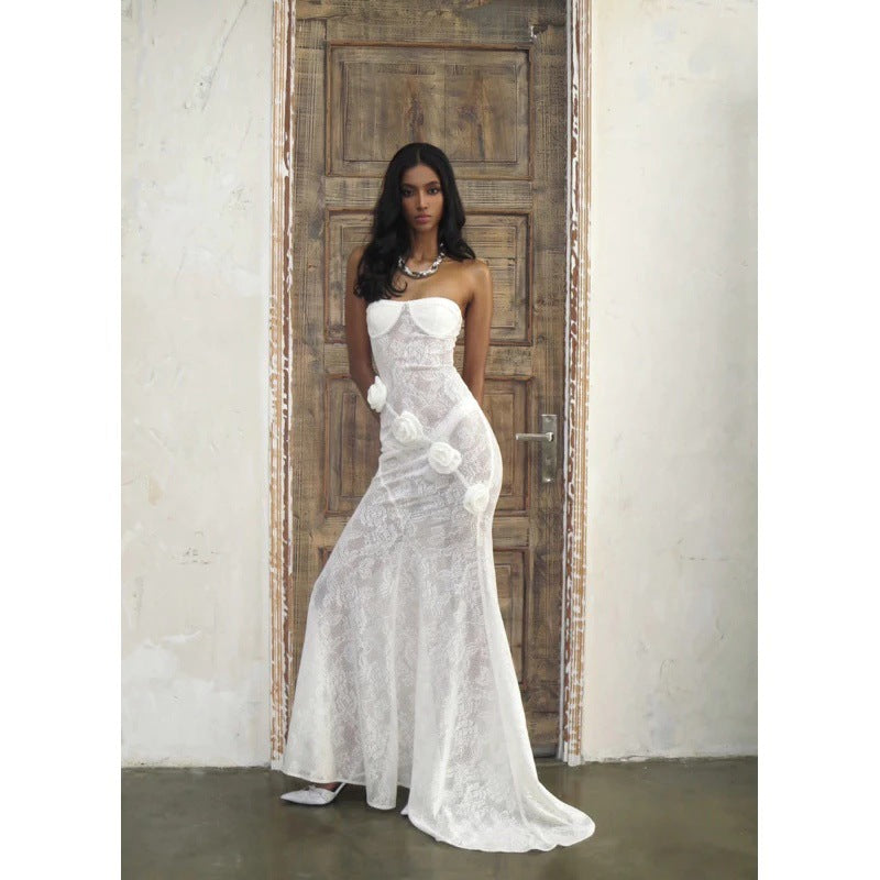 Sheer lace strapless dress with three-dimensional floral fishtail skirt - white