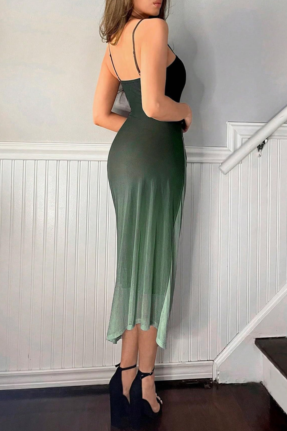 green Mesh Suspender Backless Dress