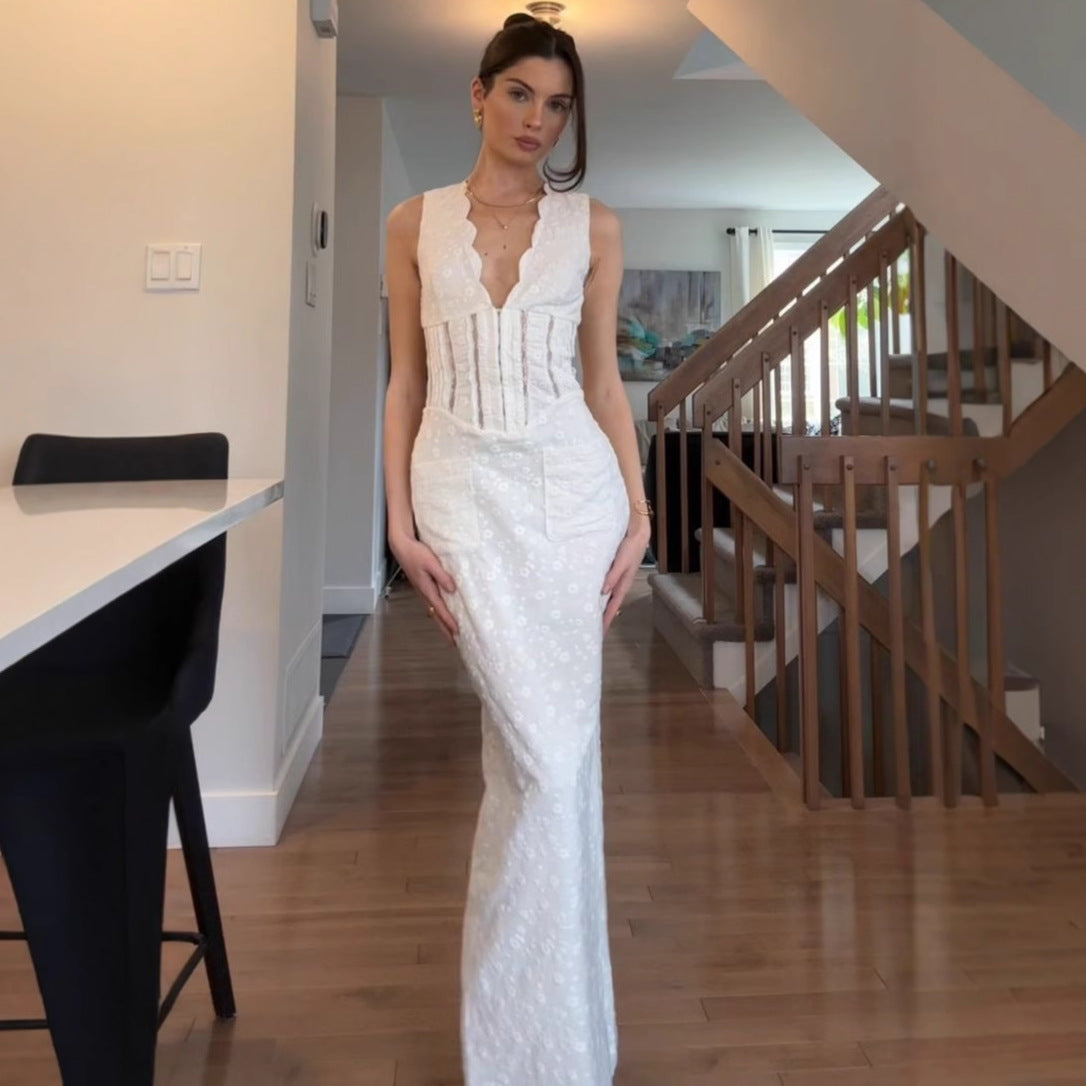 flora white Hollow-out deep V-neck bodycon slit dress