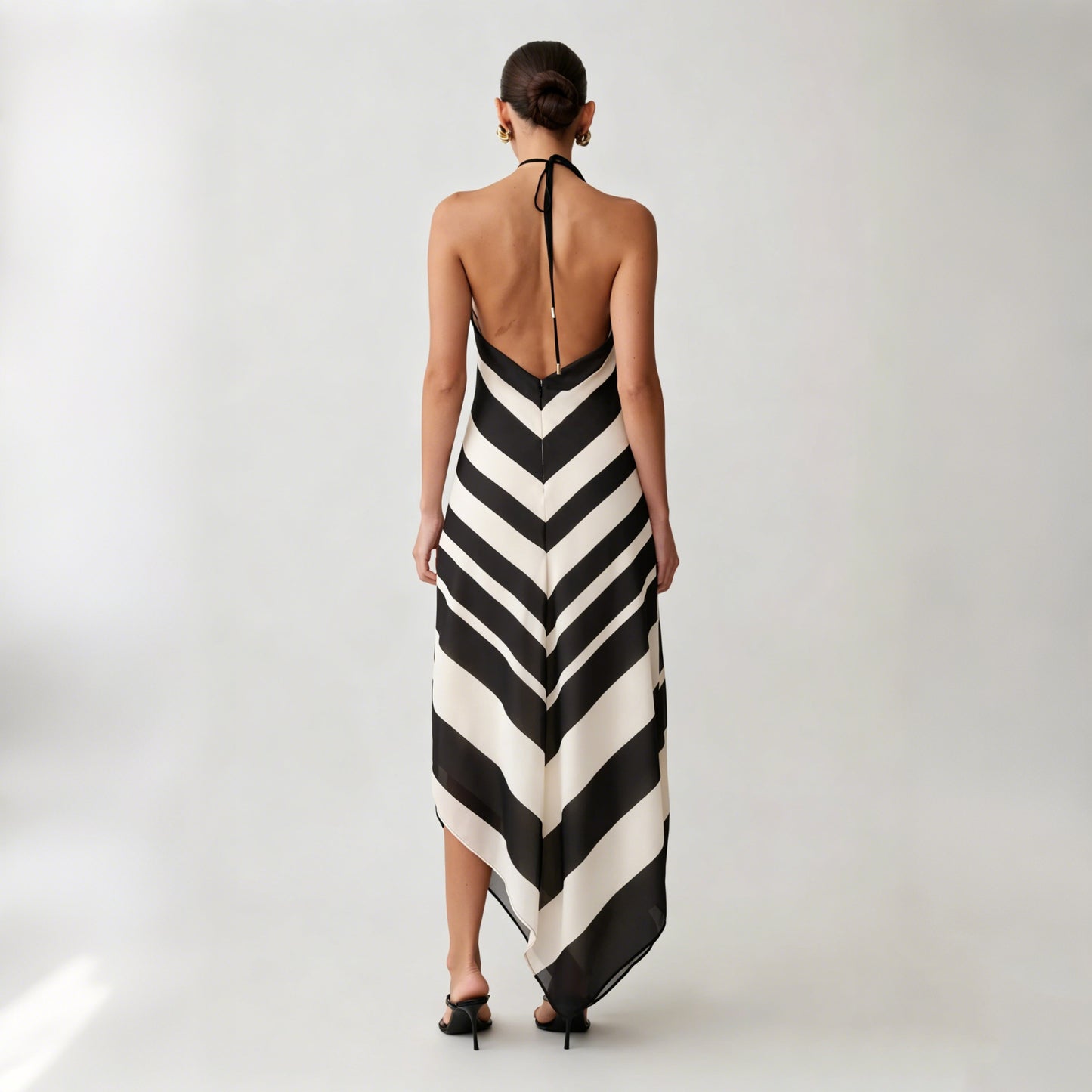 contrasting striped halterneck backless maxi dress