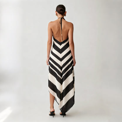 contrasting striped halterneck backless maxi dress